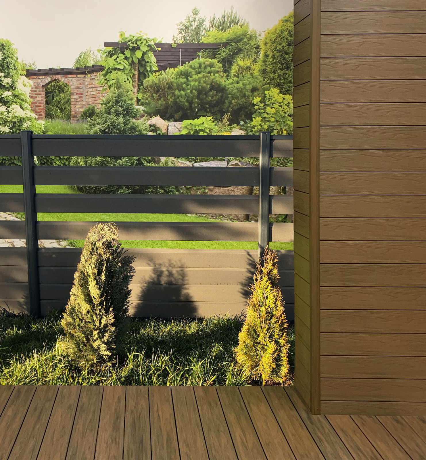 Premium Teak kompozitinės fasado lentos ekspozicija salone Gdynėje