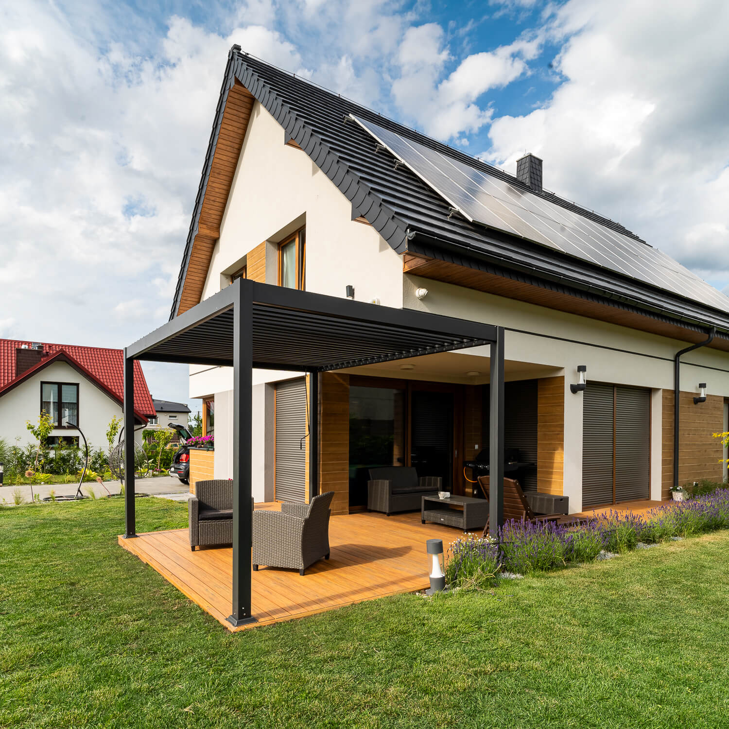 liderwood įgyvendinimas lenta premium amber aliumininė lauko pergolė antracito spalvos